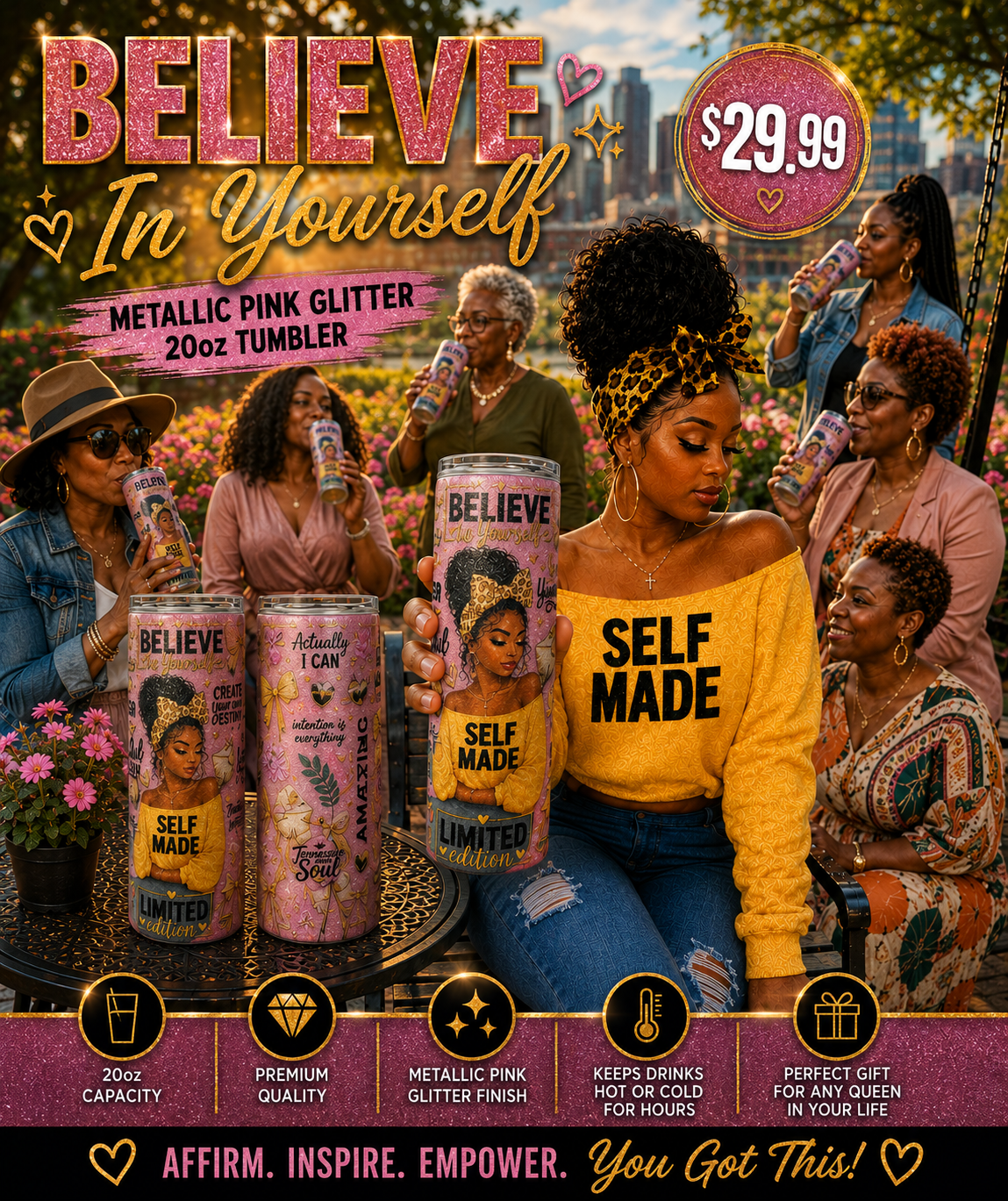 "2026" Believe In Yourself Metallic Pink Glitter Affirmation 20oz Tumbler