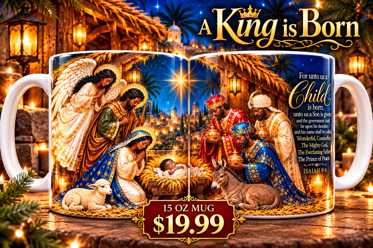 "2026" A King Is Born African American Nativity 15 oz Christmas Mug!