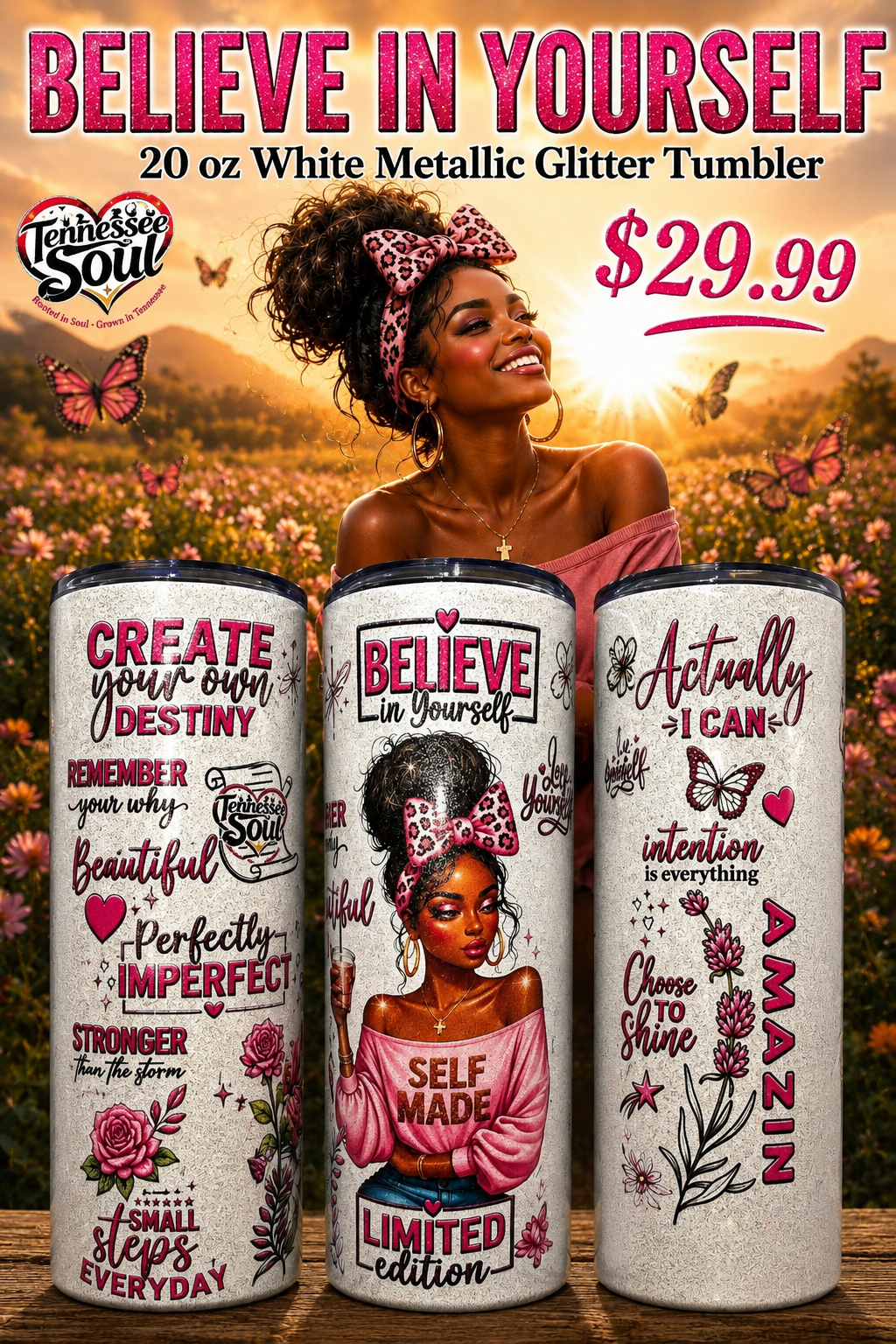 "2026" Believe In Yourself (Queen Energy) 20 oz White Metallic Glitter Tumbler!