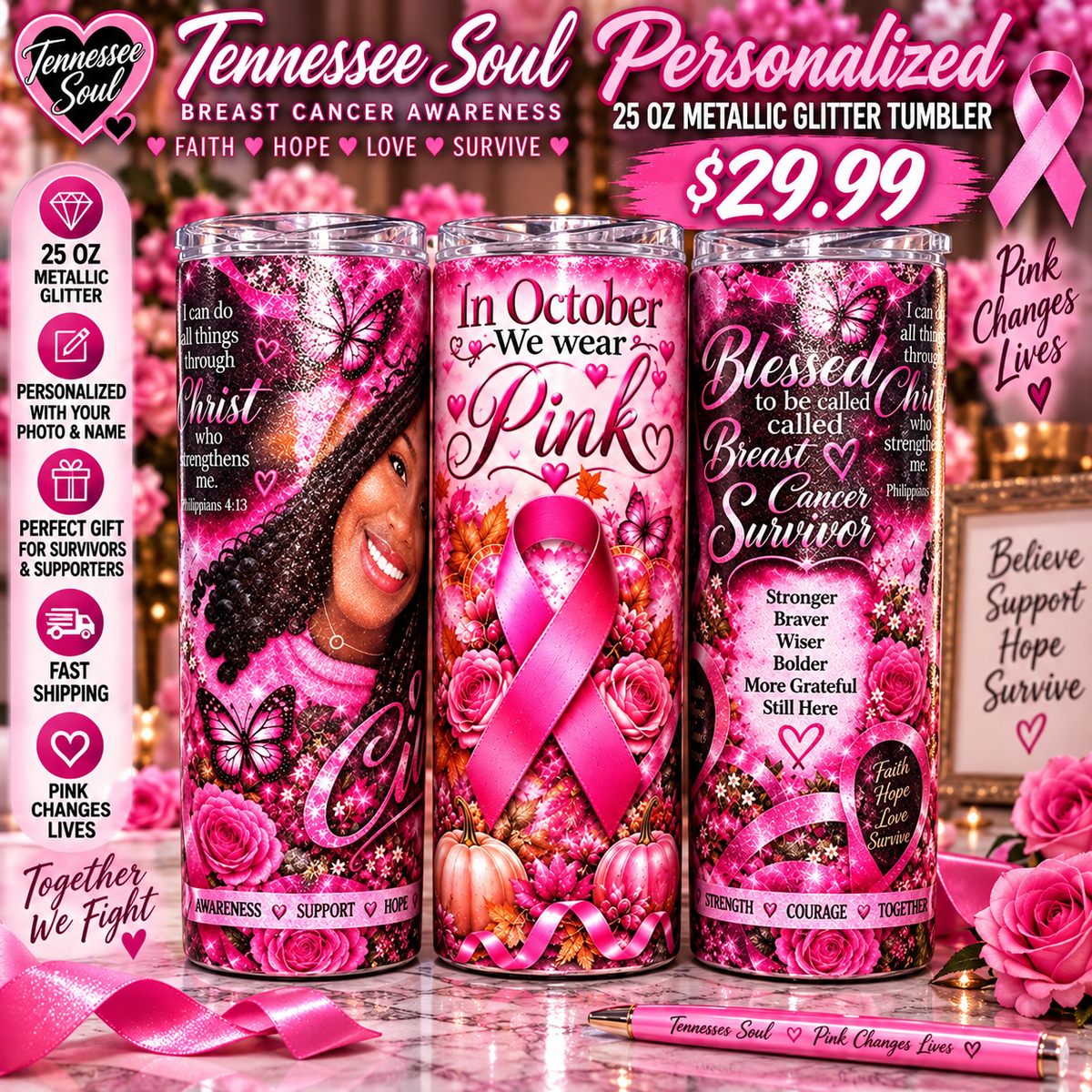 "2026" TSF Breast Cancer Awareness Personalized 25 oz Metallic Glitter Tumbler