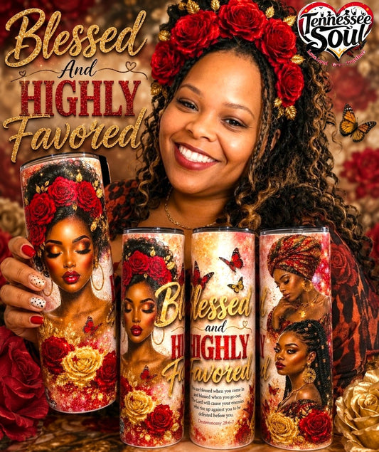 "2026" Blessed And Highly Favored" 20oz White Metallic Glitter Tumbler@