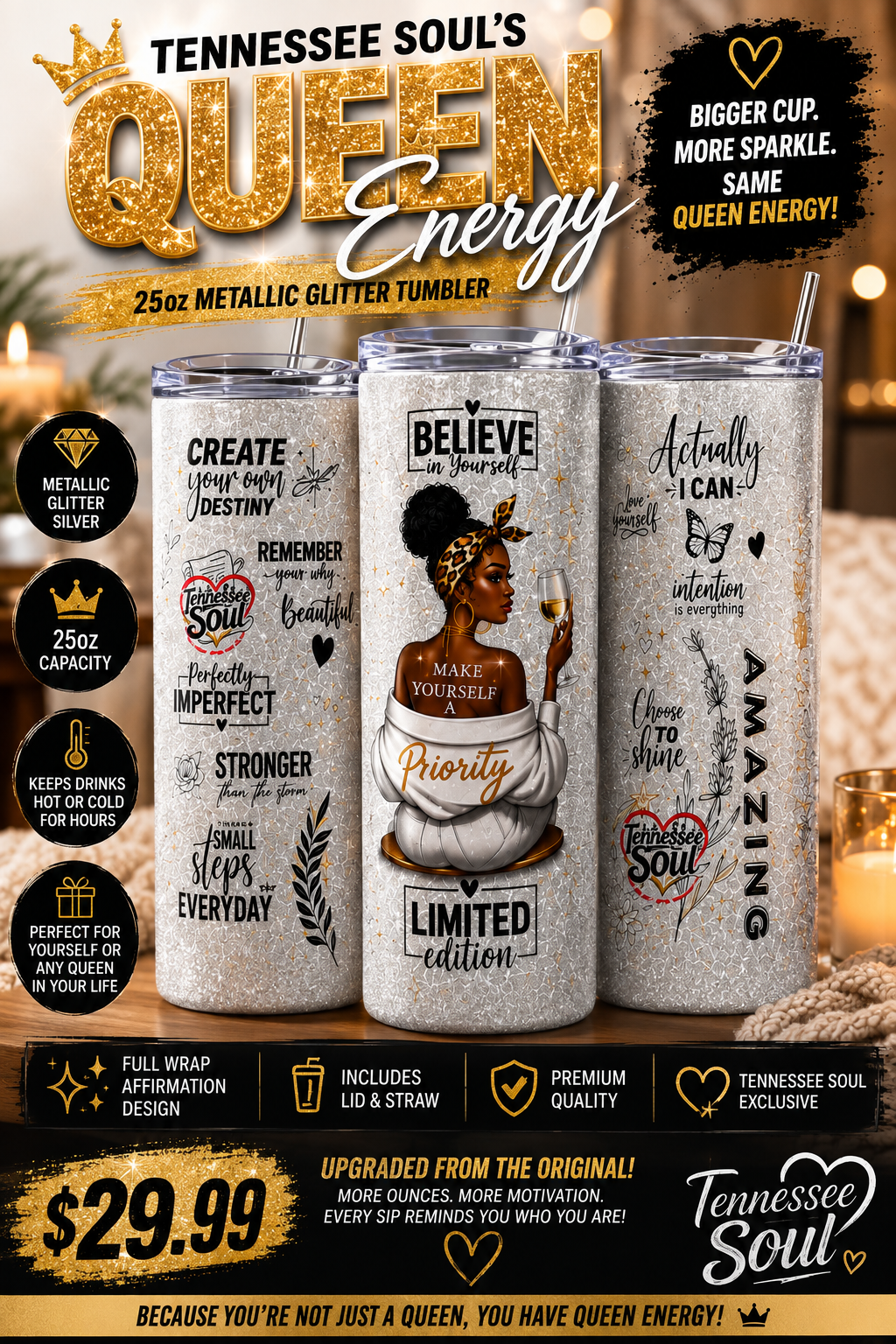 "2026" Queen Energy 25oz Metallic Glitter Silver Edition Tumbler!
