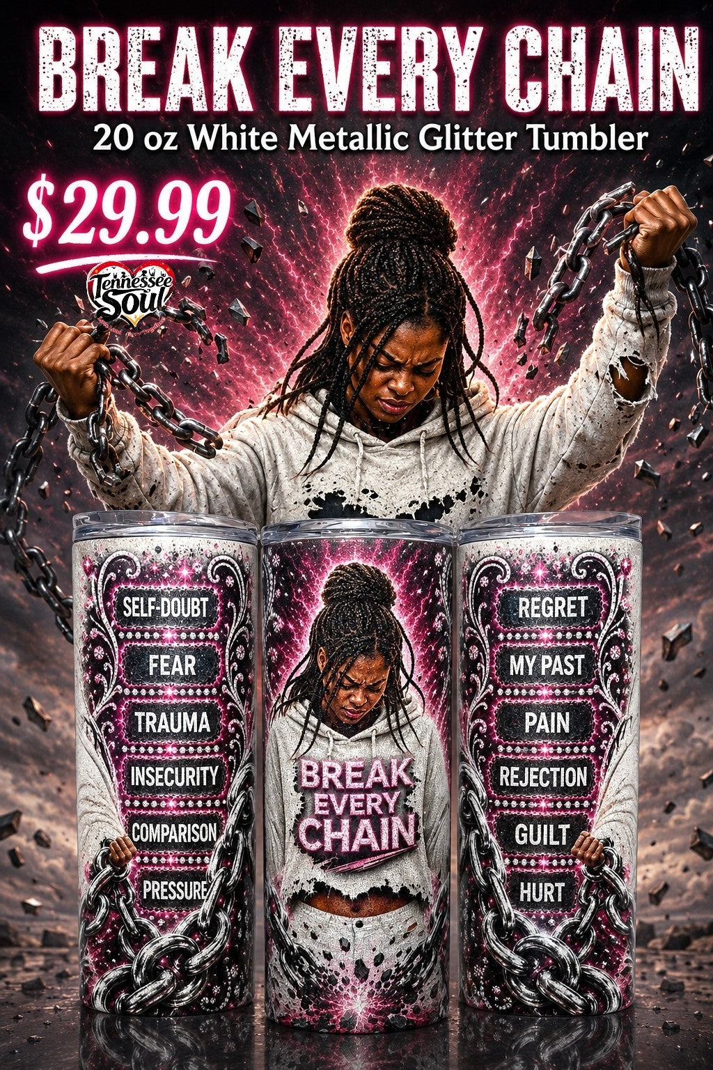 "2026" Break Every Chain – 20 oz White Metallic Glitter Tumbler